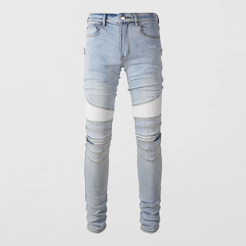 Street Fashion Men Jeans Retro Light Blue Stretch Skinny Patched Ripped Jeans Men Zipper Spliced Designer Hip Hop Brand Pants