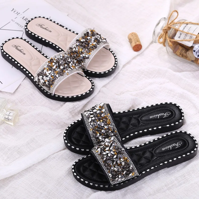

Slippers Casual Flat Shoes Female Slipers Women Glitter Slides Luxury Soft 2022 Jelly Summer Bonded Leather Fashion Crystal PU B