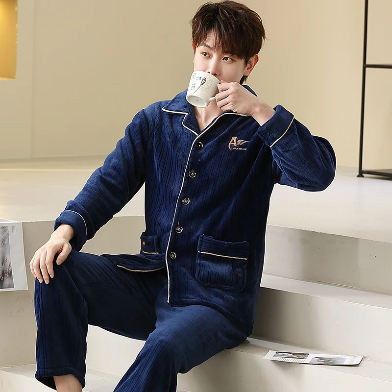 QUHENG Pajamas for Man Set Flannel 2022 Winter Plus Size Pijamas Pocket Buttons 2 Pieces Home Clothes Suits Pyjama Sleepwear