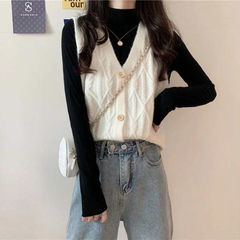 

Early Spring Autumn New Korean Style Sweater Vest Waistcoat Women 2022 V-neck Single-Breasted Knitted Cardigan Vest Women