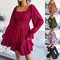 2022 autumn and winter popular european and american square neck solid color pleated trumpet long sleeved ruffled swing dress