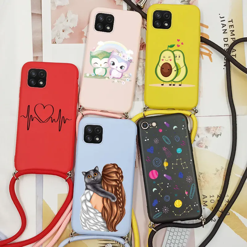 A 22 Crossbody Strap Cover For Samsung Galaxy A22 A22S 5G 22S Phone Case Silicone Printed Cute Capa Lanyard Rope Cord