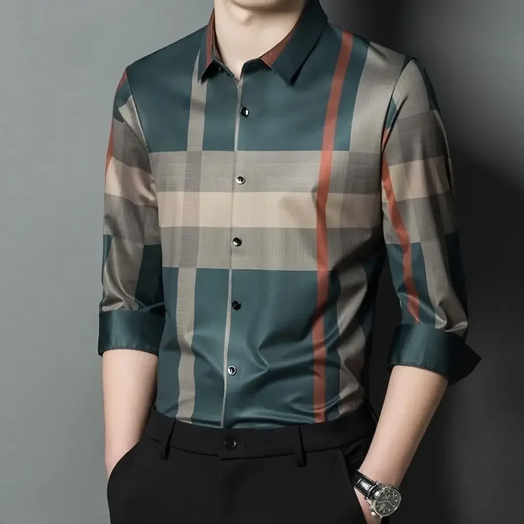 

Business Men Male Lapel Fashion Autumn Loose Plaid Long Casual Tops Basic Shirts Spring Streetwear Clothing Sleeve New Vintage