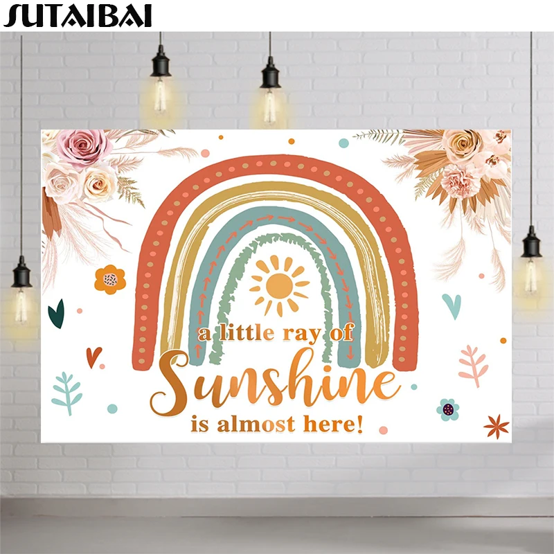 A Little Ray of Sunshine is Almost Here Backdrop Baby Shower Birthday Party Supplies Boho Rainbow Background Cake Table Decor