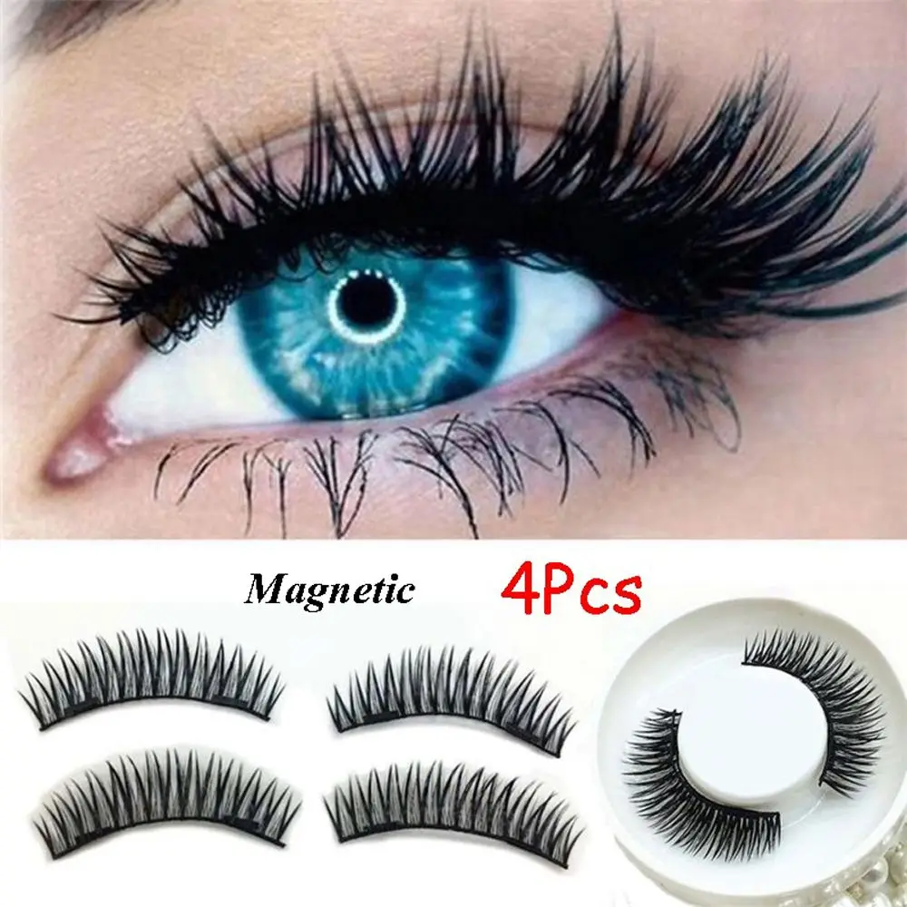 

SKONHED 4 Pcs Reusable Handmade Thick Long Lashes False Eyelashes 3D Silk Fiber Extension Tools Dual Magnet
