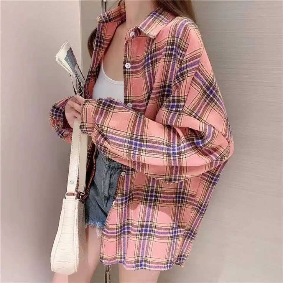 Женская блузка в Корейском стиле весна 2022 хлопковая рубашка клетку одежда для