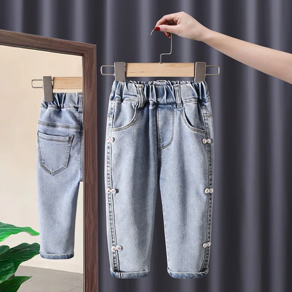 

Girls Pants Cowboy Trousers Baby Girls Cute Princess Jeans Spring Children Denim Sweet Leisure Trousers Children's Cloths Kids