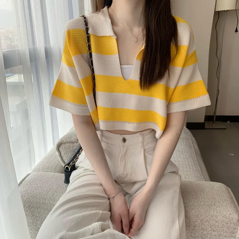 

Summer Korean Fashion Loose V-neck Outfits Casula Tops All-match Striped Short Sleeve T-shirts Knitted Pullovers Women's Clothes