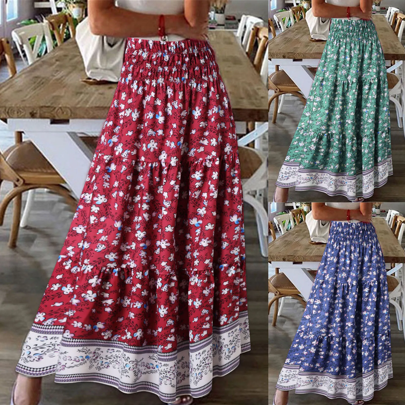 New Floral Skirt 2022 Summer Women Boho Long Female Fashion Plus Size Wrinkle Dresses Casual Beach Skirt for Women Robes Jurk