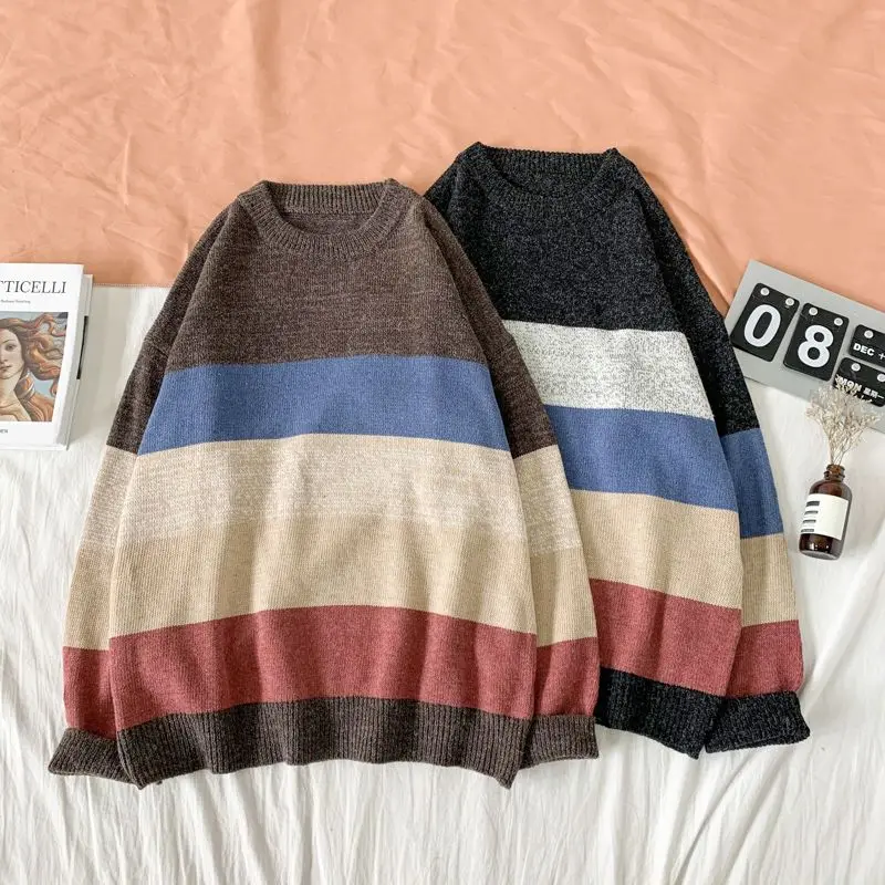 Spring Autumn Cotton Men's Crewneck Wide Striped Sweaters Pullovers Casual Sports Fit Type Men's 2023 New Knit Sweater Coat C193