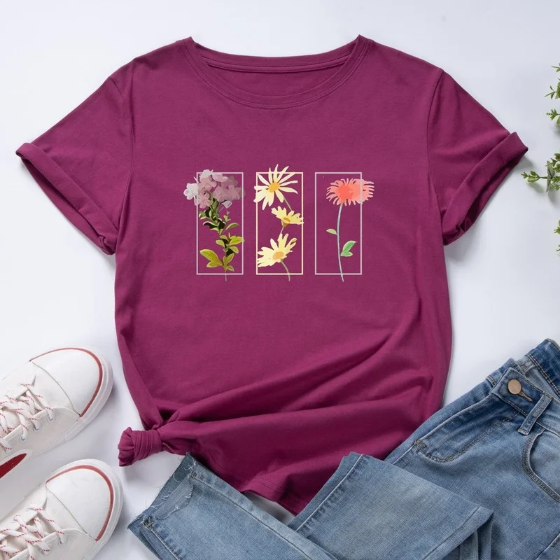 Camiseta de manga corta para mujer, ropa informal con estampado de flores para mujer, camisetas de cuello redondo holgadas de uso diario Regular para mujer