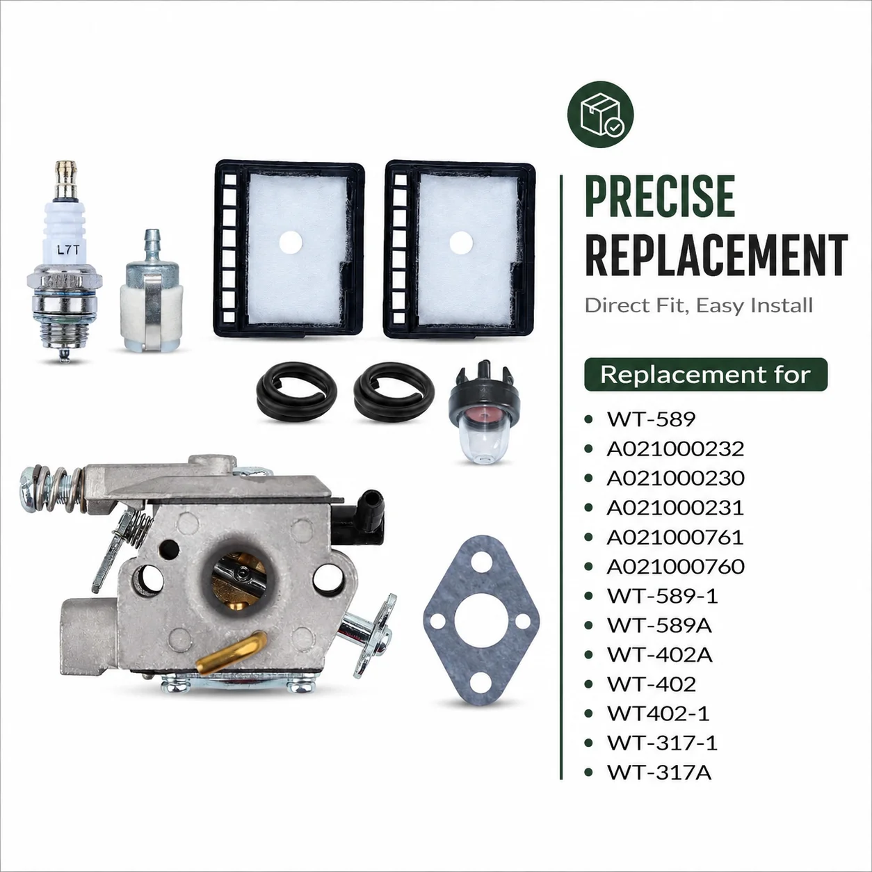 Фото Комплект карбюратора для бензопилы Echo CS3000 CS3400 CS3450 CS303T: воздушный фильтр, топливный фильтр, свеча зажигания, топливный шланг, приварочная груша WT-589 №2