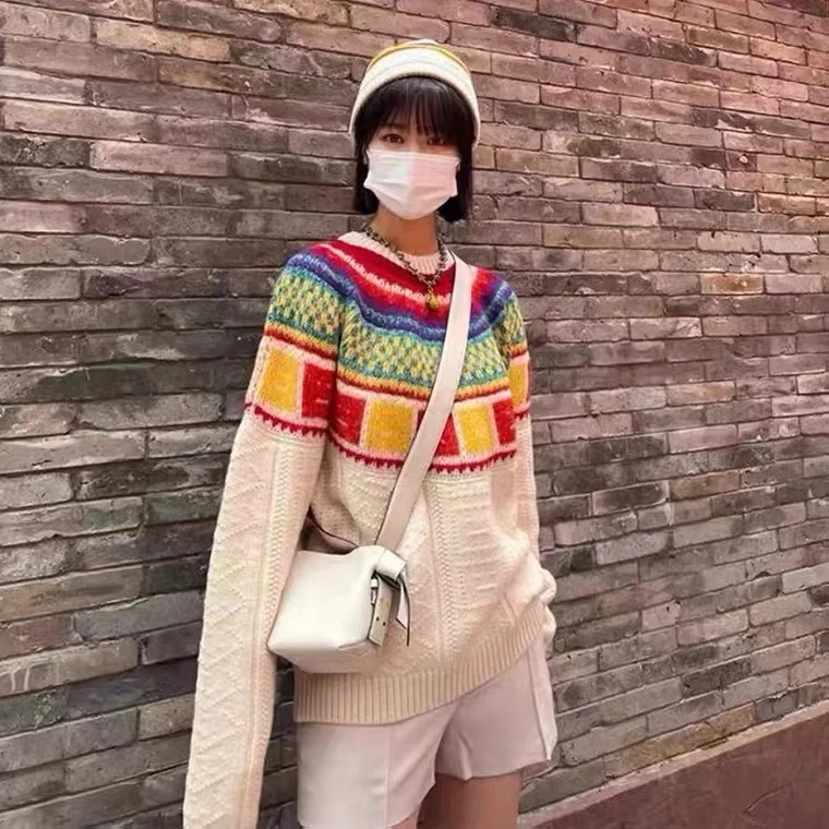 

22aw new AC studios rainbow chequered smiling face Pullover acne knitted fixed dyeing high-end sweater fabric sweater
