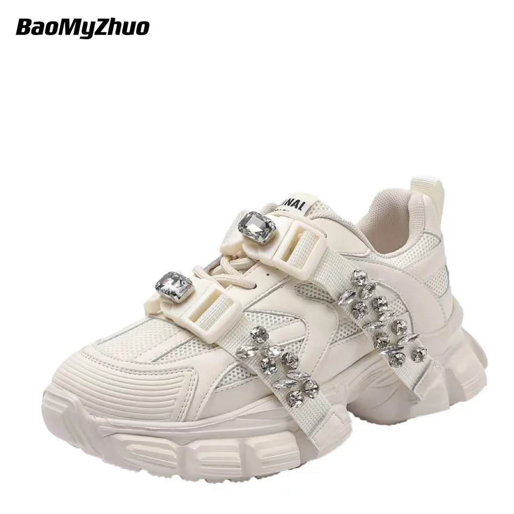 

2022 Spring New Women Rhinestones Diamond Sneakers Female Casual Platform Vulcanized Shoes Mesh Breathable Walking Running Shoes