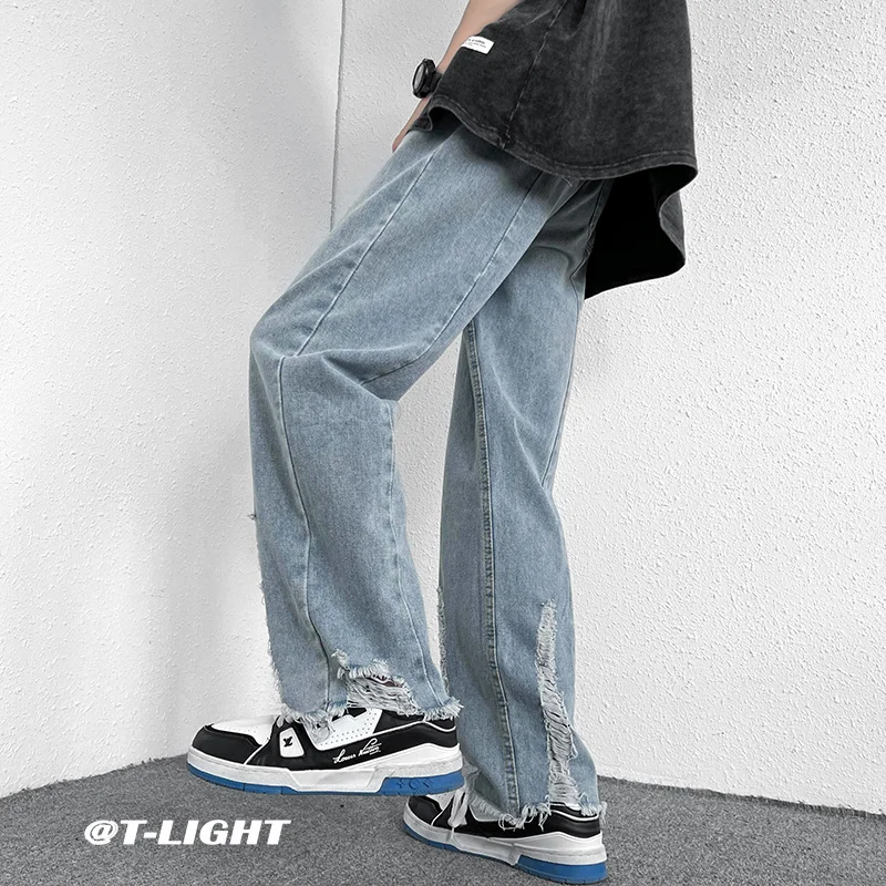 Summer Blue Ripped Baggy Jeans Men's Fashion Casual Straight Jeans Men Streetwear Hip Hop Loose Hole Denim Pants Mens Trousers