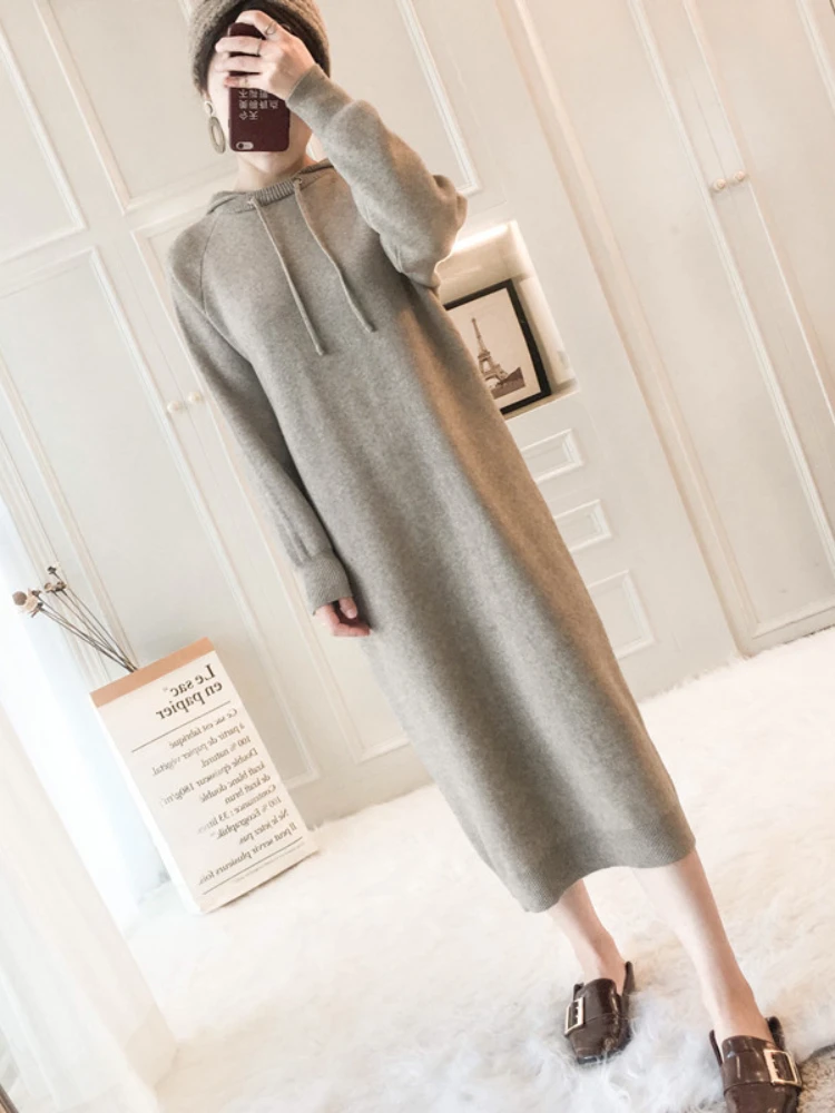 

Autumn Over-the-knee Long Skirt Knitted Dress Women's Long Hooded Pullover Loose Sweater Women Woman Dress Sweater Dress