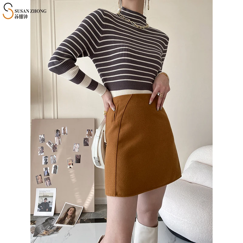 

High Quality Winter Autumn Sexy Business Pocket High Waisted Zipper Mini Skirt Womens Skirts