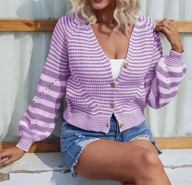 

2023 Fashion Casual New Autumn and Winter Color Contrast Striped Single-Breasted Casual Sweater Women's Coat Topjacket