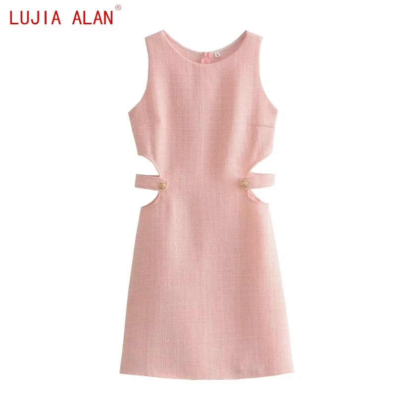 

Осеннее новое женское мини-платье на пуговицах с открытой талией, женское повседневное приталенное розовое твидовое платье LUJIA ALAN WD3233