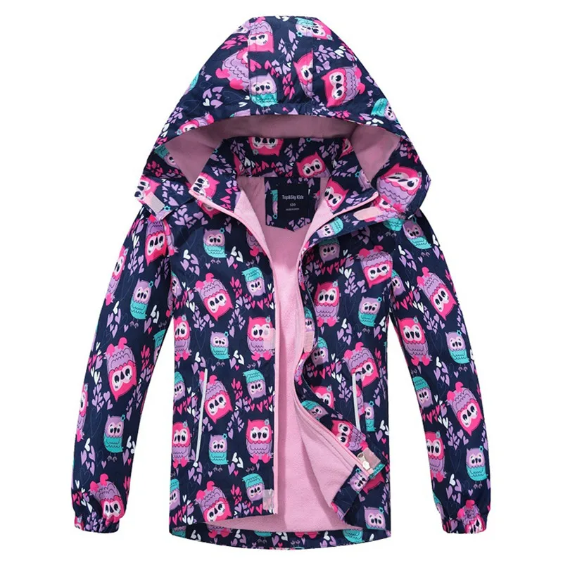 

Girls outdoor printed owl waterproof coat windbreaker jacket zipper shirt hooded plus fleece warm jacket