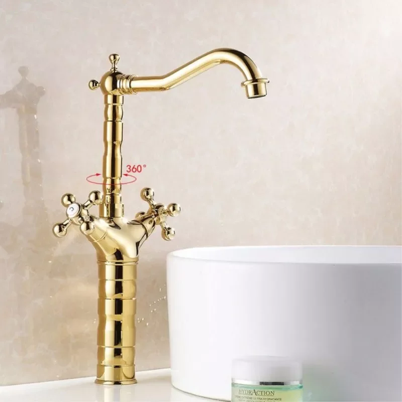 

Bathroom Antique Basin Faucets High Arch Dual Cross Handle Gold Faucet Deck Mounted Mixer Water Tap Bathroom Sink Taps HJ-6712