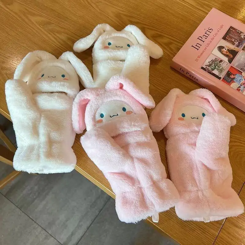 

Новая кавайная Милая перчатка Sanrio Cinnamoroll, короткая плюшевая сохраняющая тепло с кроличьими ушками, оригинальный Рождественский подарок для...