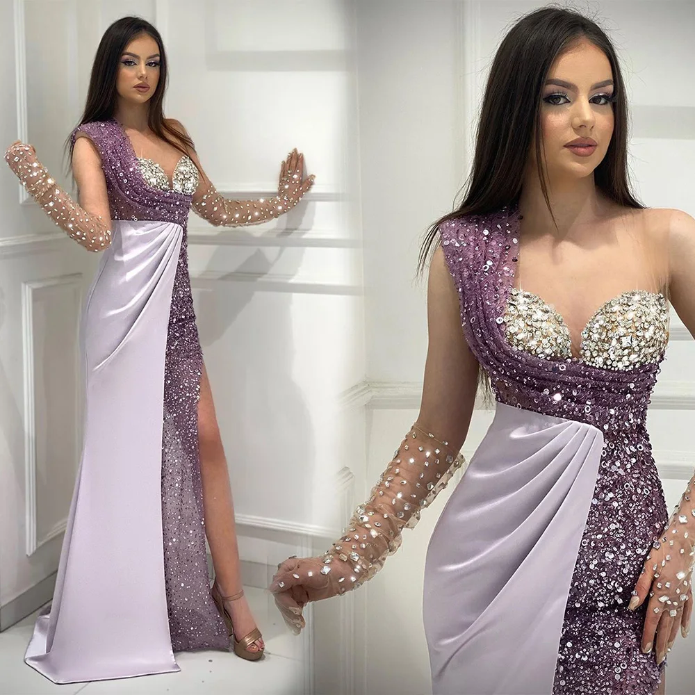 

Sexy Custom Evening Dresses Mermaid Scoop Floor-Length Sweep Train Beaded Crystal Sequins Satin long Thigh-High Slits Illusion