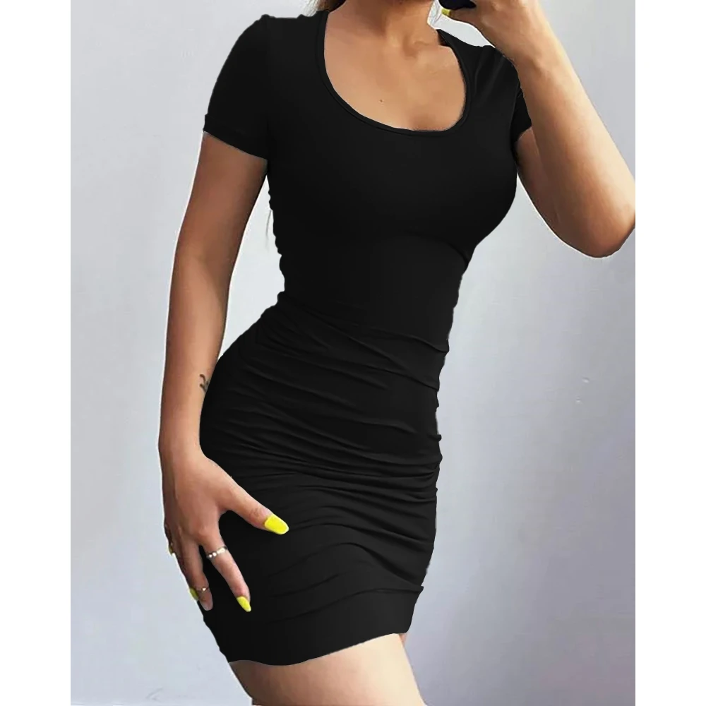 

2022 Summer Women Cutout Ruched Short Sleeve Bodycon Dress Fashion Femme Basics Short Sleeve Mini Casual Dress Slim Sexy Dress