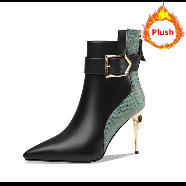 Winter Black Soft Leather Women's Boots Retro Belt Buckle Pointed Toe  Boots Side Zipper High Heels Shoes for Women Party