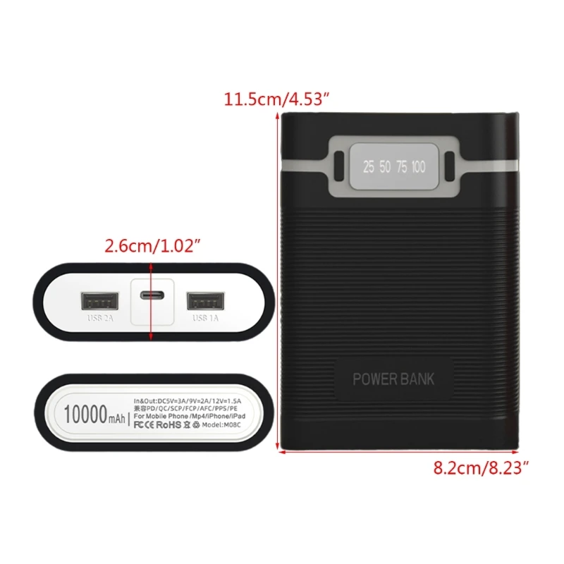 4x18650 Корпуса зарядного устройства Быстрая зарядка Внешняя крышка 2USB + Type-c Чехол