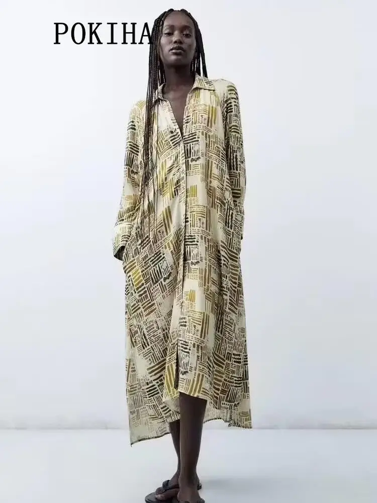 

Pokiha Fashion Women New Casual Loose Print Midi Dress Vintage Long Sleeve Front Button Chic Female Shirt Dresses Vestidos Mujer