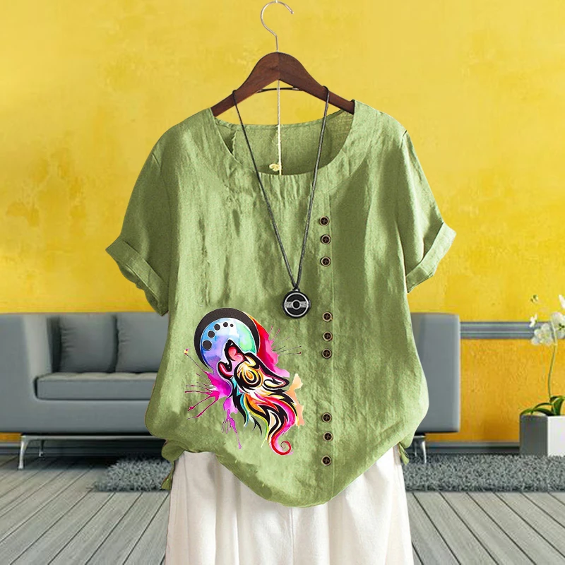 

Женская винтажная блузка с принтом, свободная однотонная блузка из хлопка и льна с круглым вырезом и коротким рукавом, лето