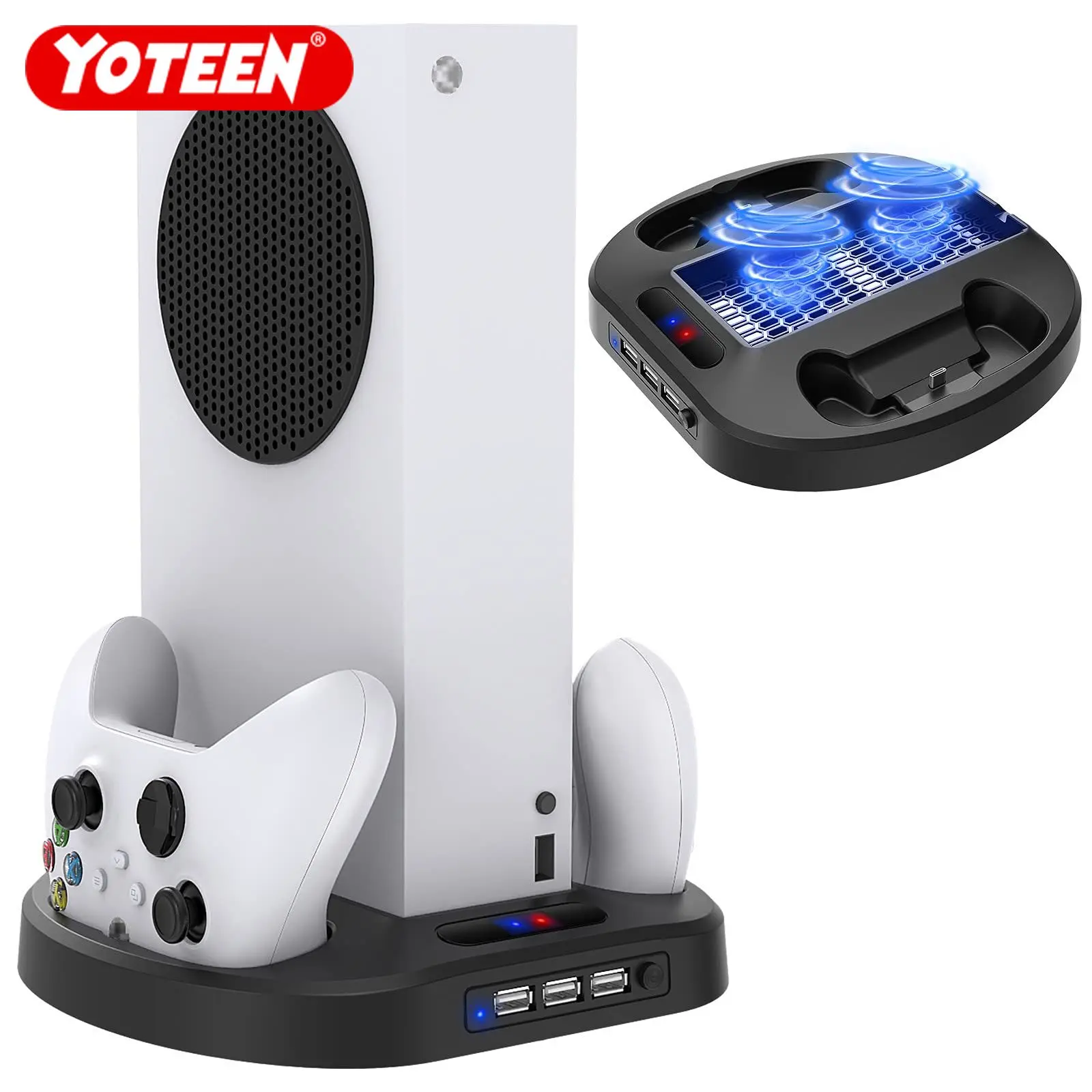 

Yoteen Vertical Charging Stand for Xbox Series S Controllers with Cooling Fan Charger Dock Station with LED Indicator 3 USB Hubs