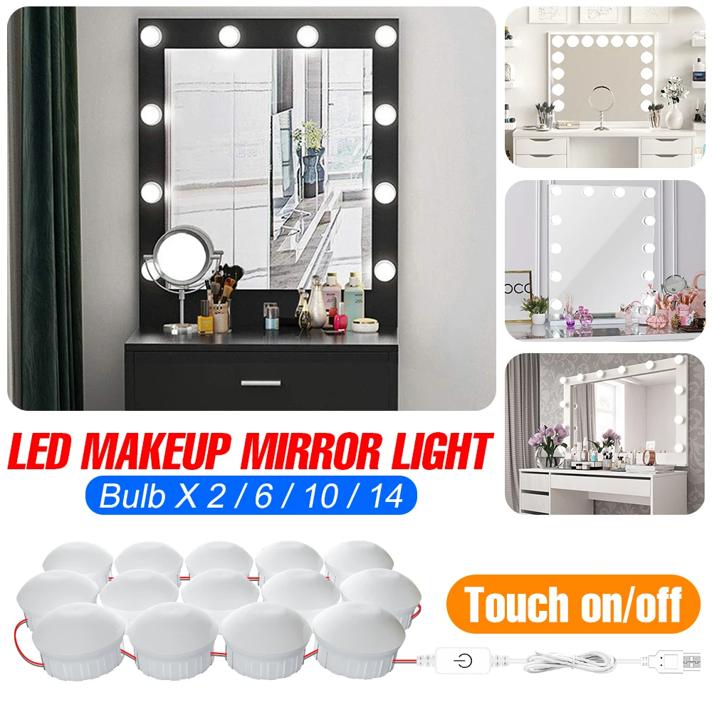 

LED Dimmable Mirror Light Makeup Vanity Lamp 5V Cosmetic Bulb USB Wall Lamp Dressing Table Light Bulb 2/6/10/14pcs LED Backlight