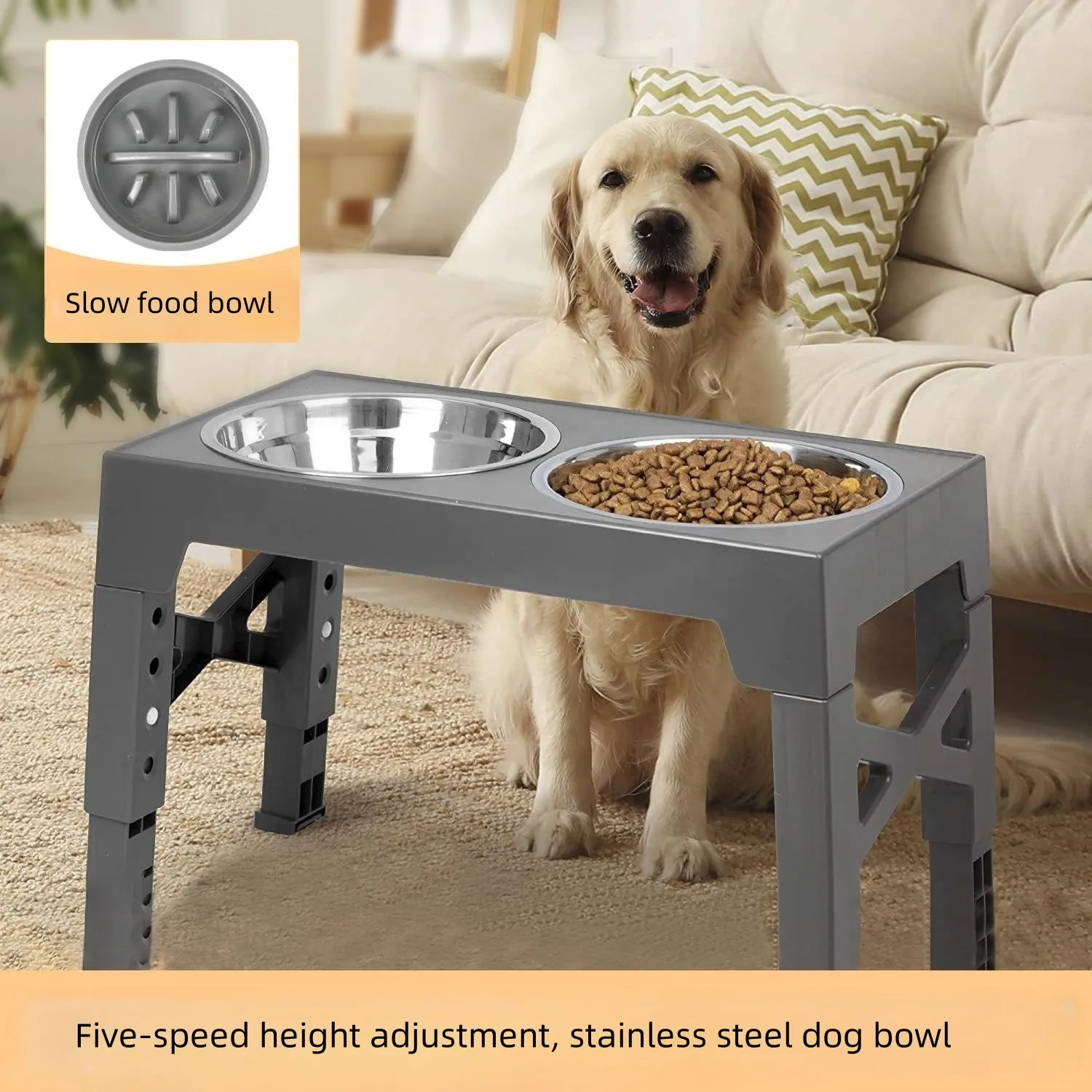 Pet Elevated Dog Double Bowl,Stainless Steel Stand Feeder 5 Height Adjustable Slow Food Bowls Suitable for Medium and Large Dogs