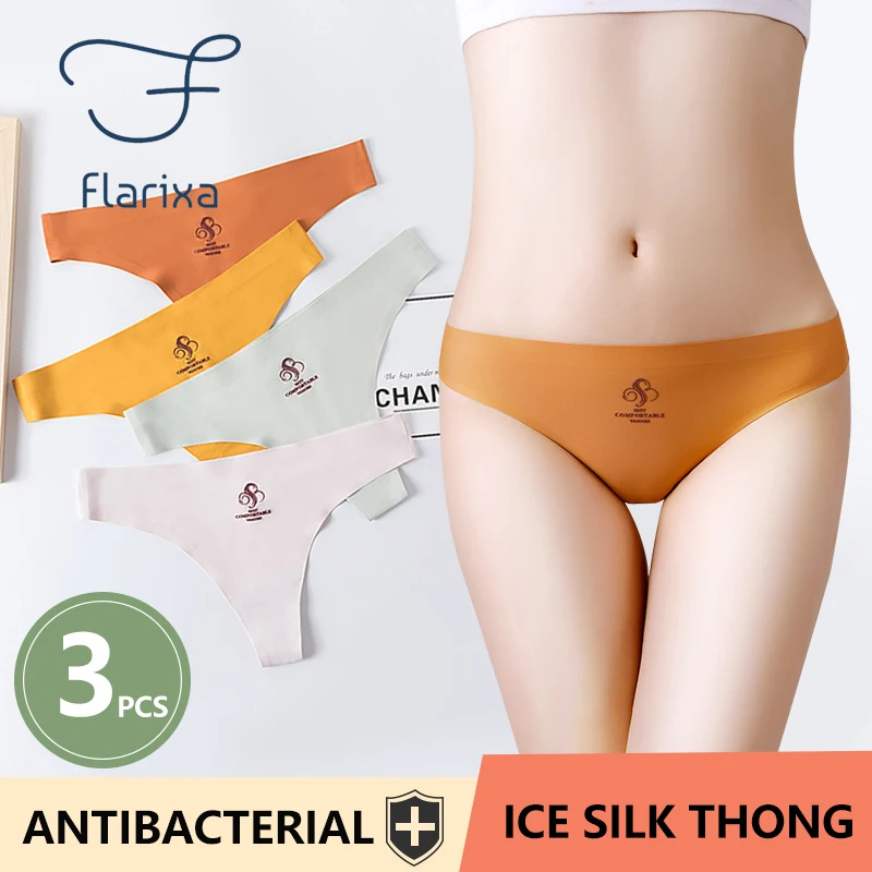 

Flarixa 3 PCS Ice Silk Seamless Mid Waist Sexy Thong Women Quick Dry Women's Panties Antibacterial Cotton Crotch Sexy Lingerie