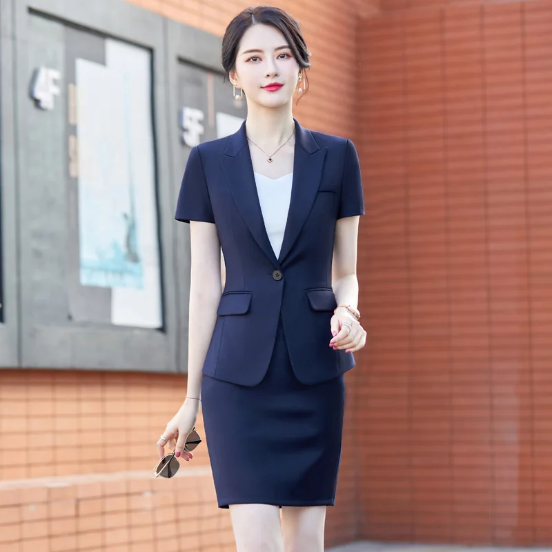 

Formal Ladies Blazer Women Business Suits Skirt and Jacket Set Short Sleeve Work Summer Office Uniform Styles Navy Blue