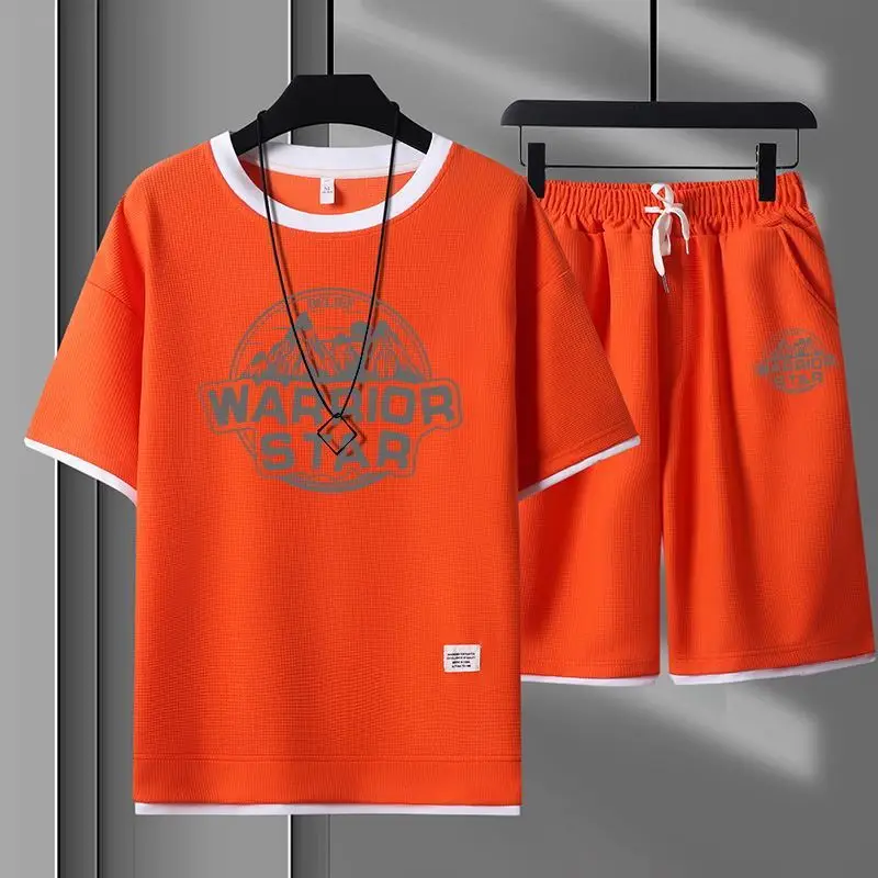 Summer New T-shirt Men's Short Sleeve Waffle Korean Style Loose Youth Handsome Shorts Casual Two-Piece Suit Fashion