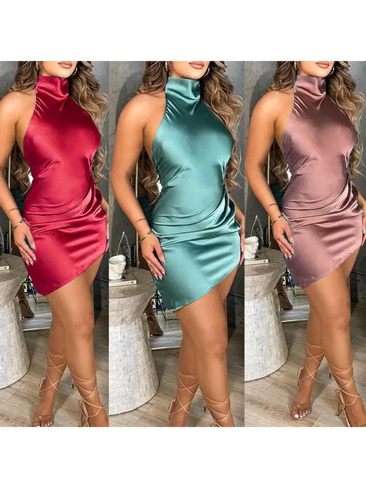 

Fashion Halter Neck Sexy Backless Party Dress Women 2022 Summer Sleeveless Slim Pleated Mini Dress