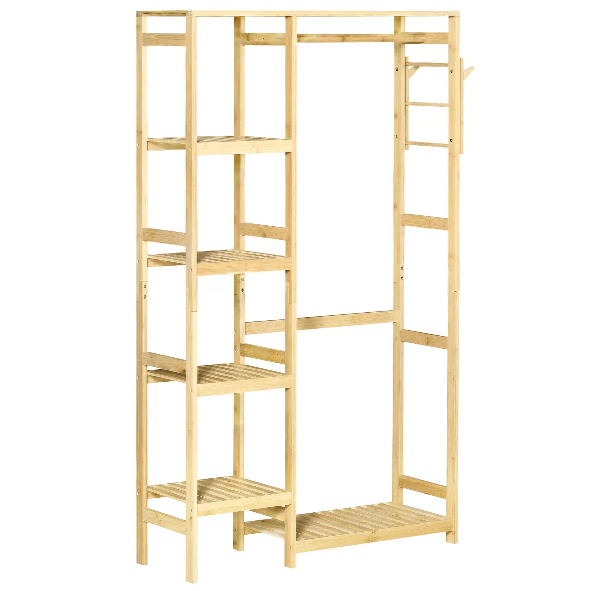 

stand donkey bamboo floor rack with shelf 4 tier with bar shelf bottom and side hanger for clothes bags bedroom 90x30x155 cm Nat