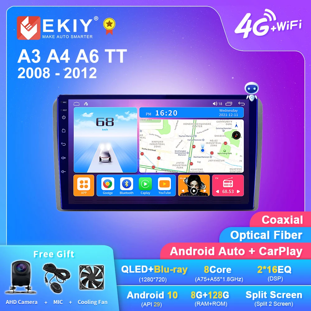 EKIY reproductor Multimedia con Android y navegación GPS para coche autorradio 2Din con DSP  DVD  grabadora  para A3 A4 A6 TT 2008-2012  Carplay T7