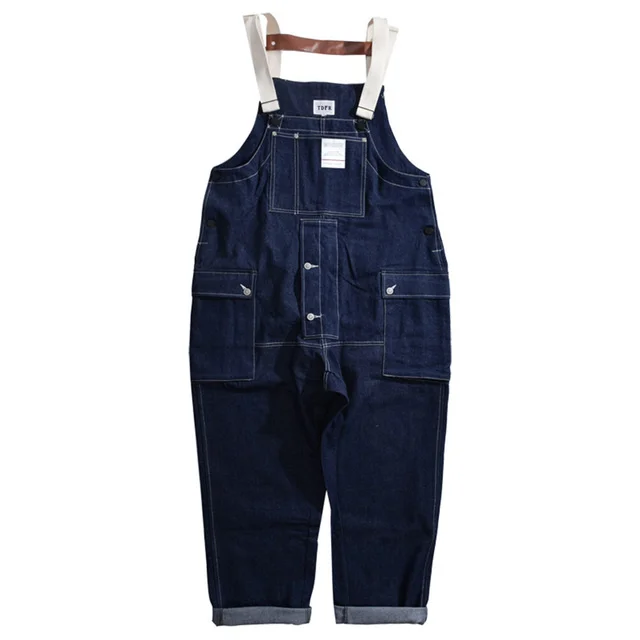 

Multi-Pocket Denim Overalls Mens Safari Style Casual Loose Cargo Denim Pants Jumpsuit Men Dungarees Jeans
