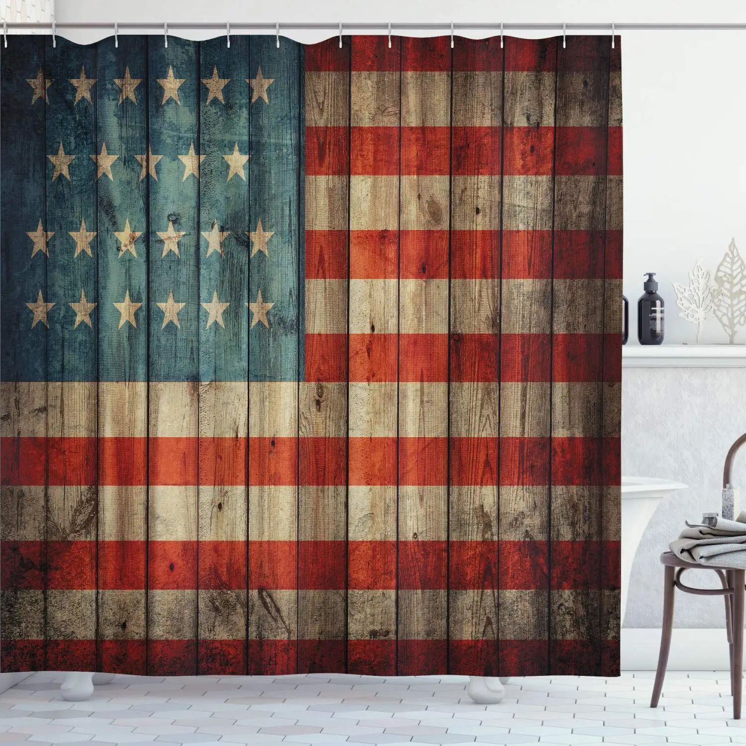 

American Flag Shower Curtain USA Decor Independence Day Themed Art Print Flag Painted on Wooden Planks Bathroom Set with Hooks