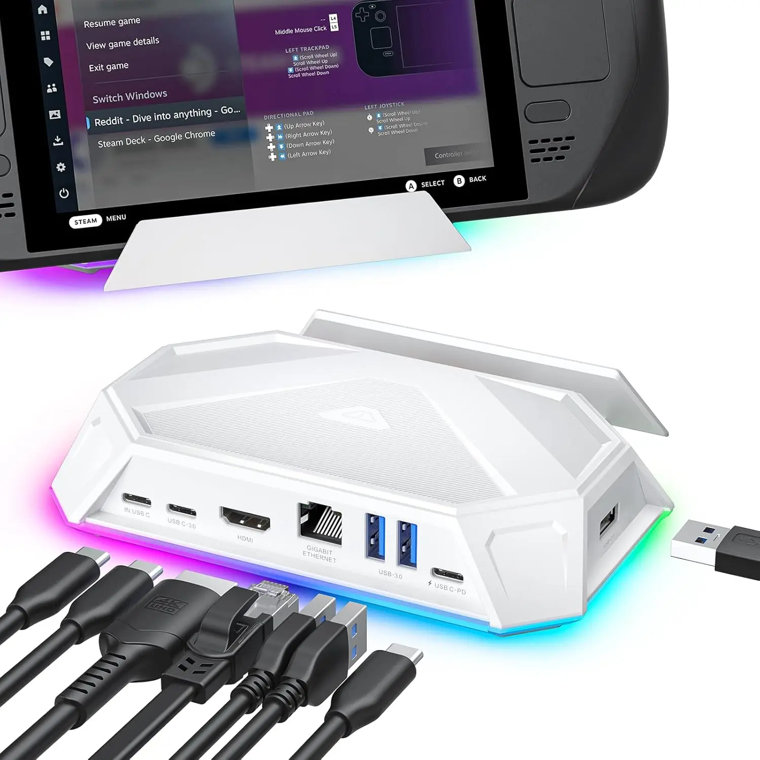 Док-станция RGB для Steam Deck 8 в 1 с HDMI 4K при 60 Гц Gigabit Ethernet зарядкой через USB-C мощностью