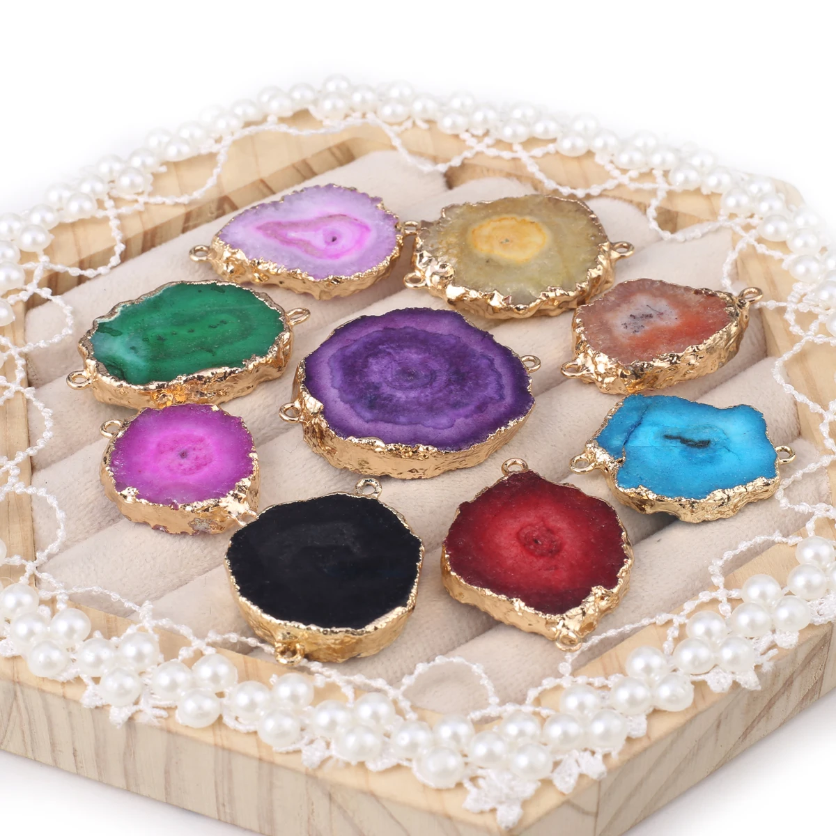 

Natural Crystal Cluster Charms Purple Yellow Red Irregular Round Double Holes Connector For Jewelry Making DIY Bracelet