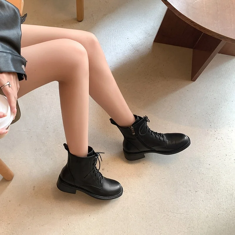 NEW Fall Shoes Women Split Leather Boots Round Toe Chunky Heel Women Boots Winter Solid Lace-up Ankle Boots Western Boots Women