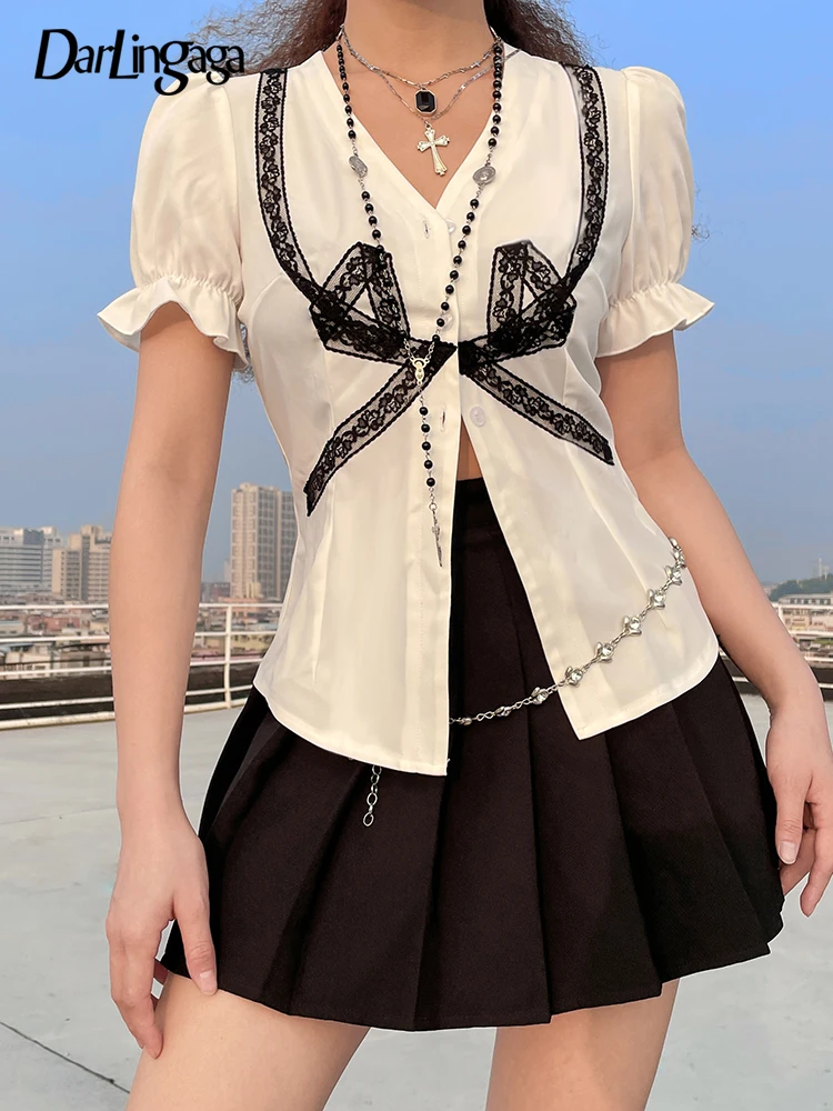 

Darlingaga Fashion Chic Lace Patchwork Y2K White Women Shirt Tops Sweet Cute Buttons Up Summer Blouse Aesthetic Cardigan Shirts