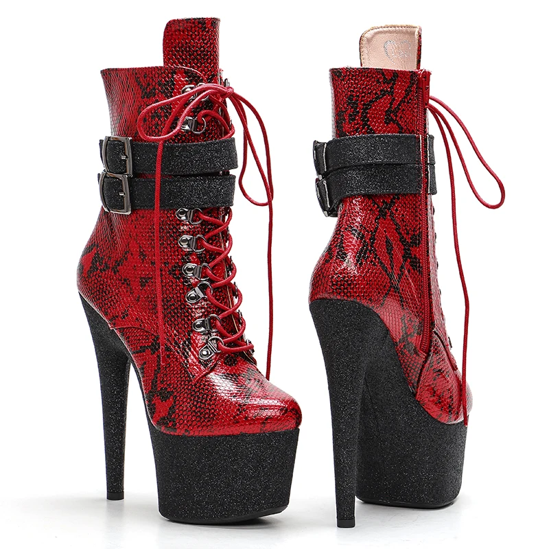 Leecabe 17CM/7inches ankle boots snakeskin upper fashion   platform party  shoes Pole Dance boot