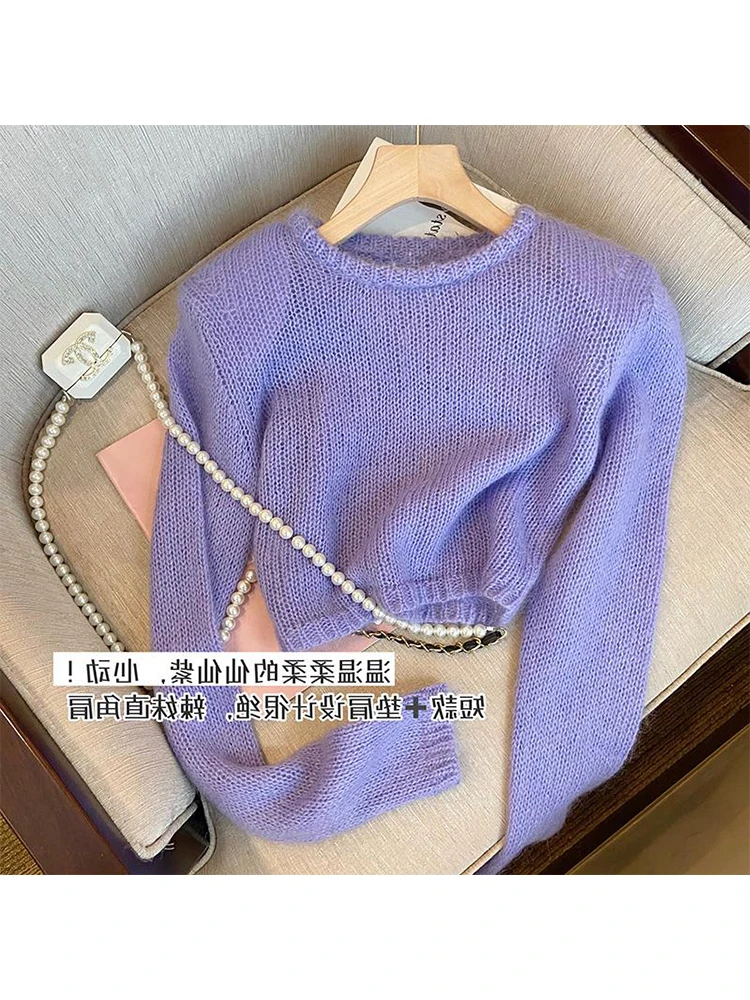 

2022 Autumn Crew Neck Short Knit Sweater Women Pullover Casual Solid Long Sleeve Crop Top Female Korean Fashion Women's Jumper
