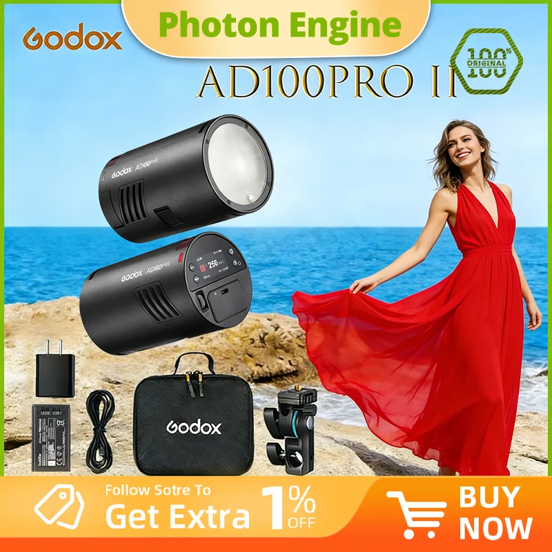 Фото Беспроводная карманная вспышка Godox AD100PRO II 2.4G HSS 100W TTL для съемки на улице, совместимая с камерами Sony, Canon, Nikon, Fuji, Olympus №1